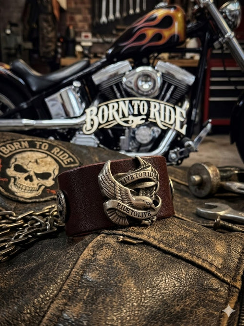 Handcrafted Leather Biker Cuff - Live To Ride, Ride To Live | UK Delivery £2.99 or Free Over £30