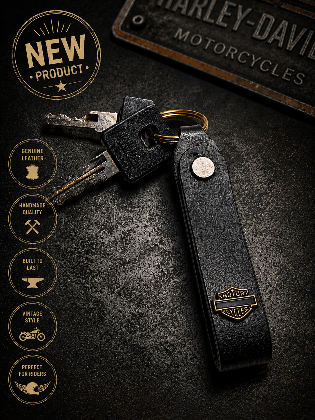 Handmade Leather Motorcycle Keyring – Biker Style Metal Badge Keychain