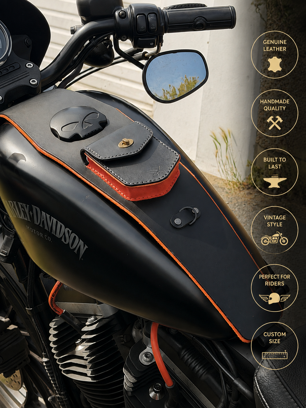 Handmade leather tank bib for Harley-Davidson Sportster 883 – Black and Orange Saffiano edition | Hide & Piston"
