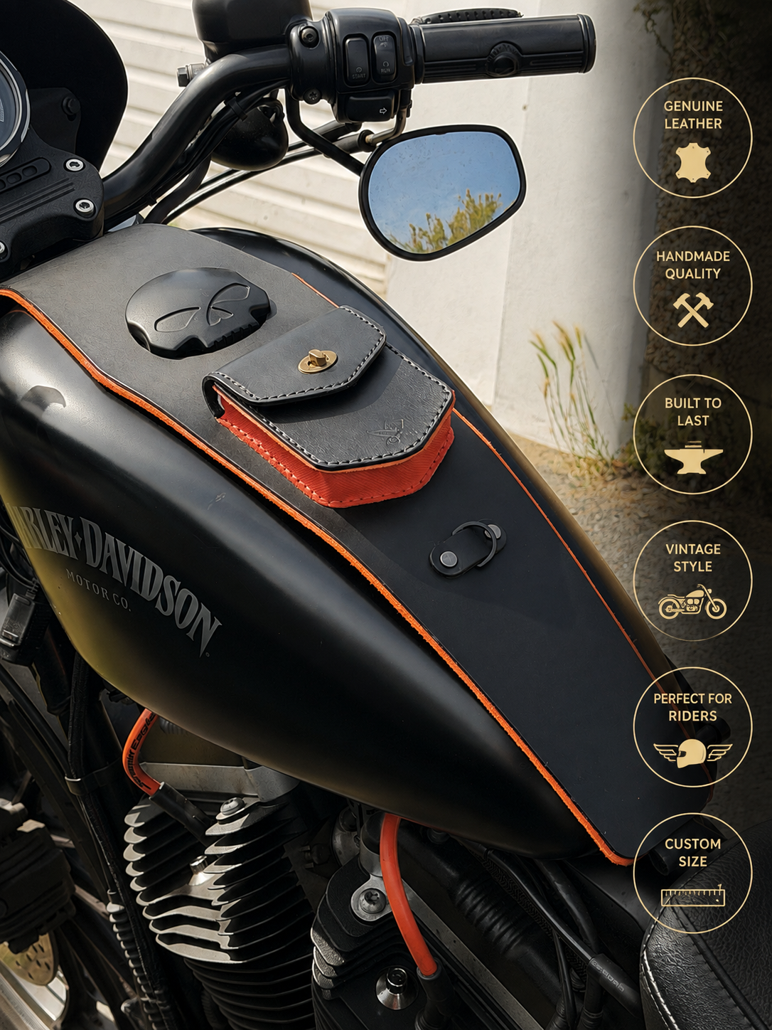 Handmade leather tank bib for Harley-Davidson Sportster 883 – Black and Orange Saffiano edition | Hide & Piston"
