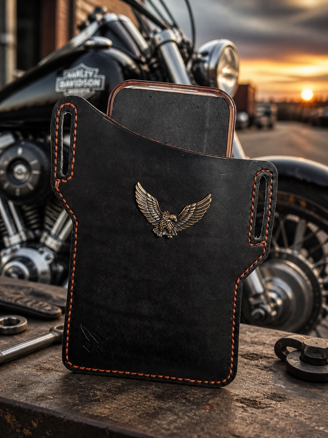 Biker Leather Phone Holster Rugged Leather  Orange Stitching & Suede