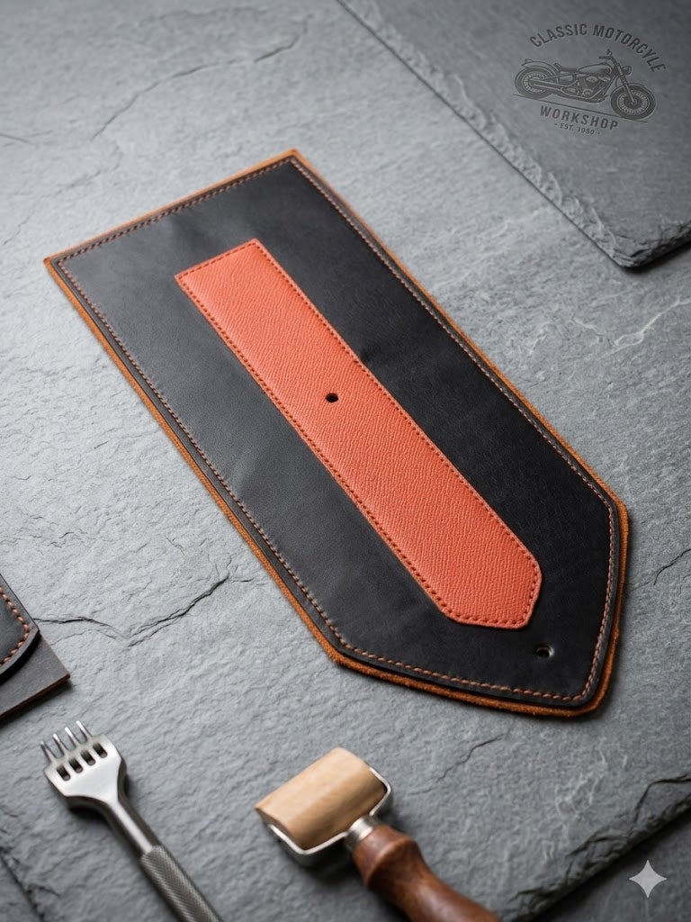 Leather Fender Bib for Harley XL883 | 3 Layer Heavy Duty | Black & Orange Saffiano