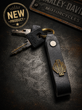 Biker Style Leather Keychain – Handmade Motorcycle Keyring with Metal Badge