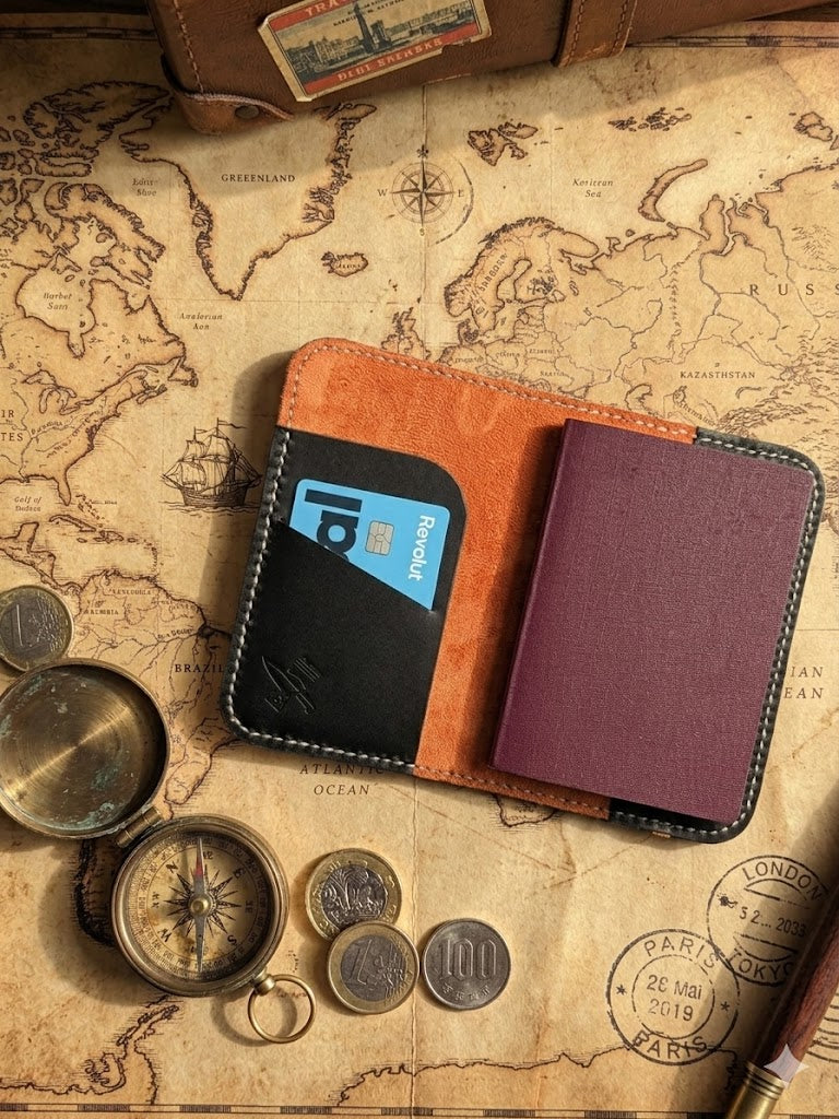 Handmade Leather Passport Holder – Minimalist Travel Wallet, Orange Suede Interior