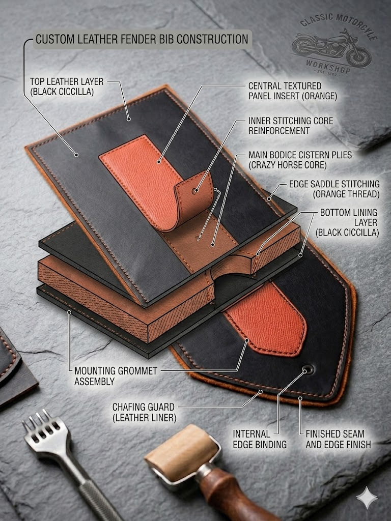 Leather Fender Bib for Harley XL883 | 3 Layer Heavy Duty | Black & Orange Saffiano