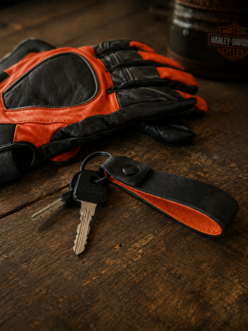Handmade Leather Key Fob – Black & Orange