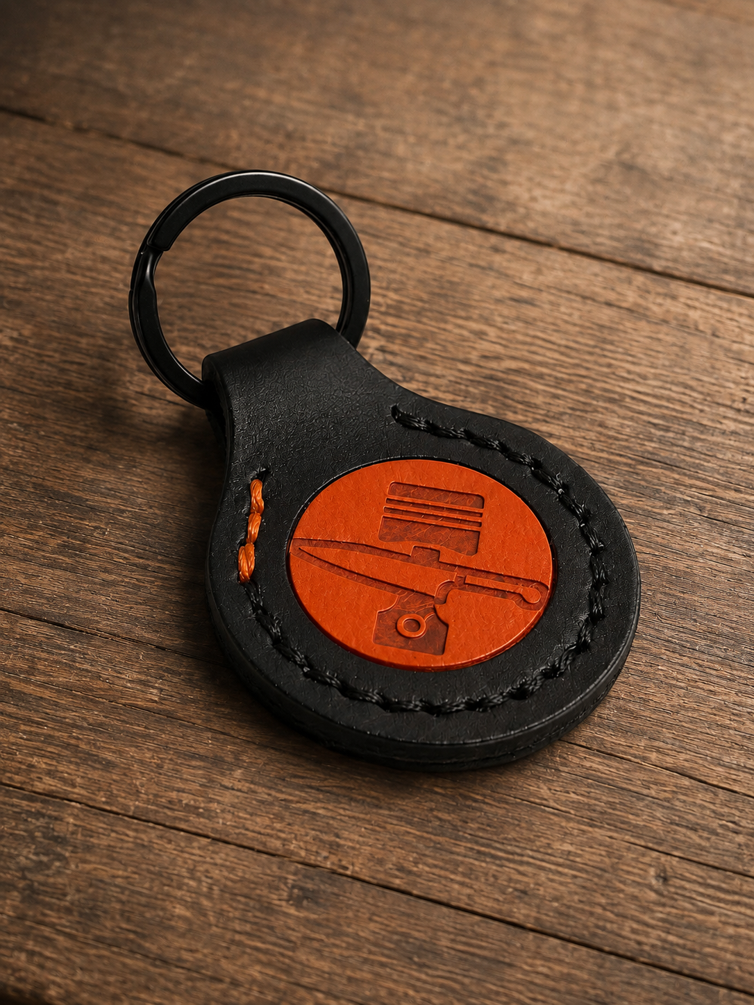Handmade Leather Key Fob – Black & Orange