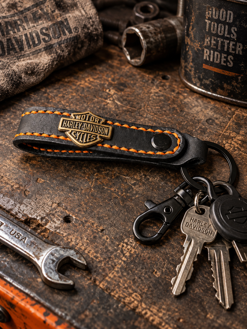 Handmade Leather Motorcycle Keyring – Biker Style Metal Badge Keychain