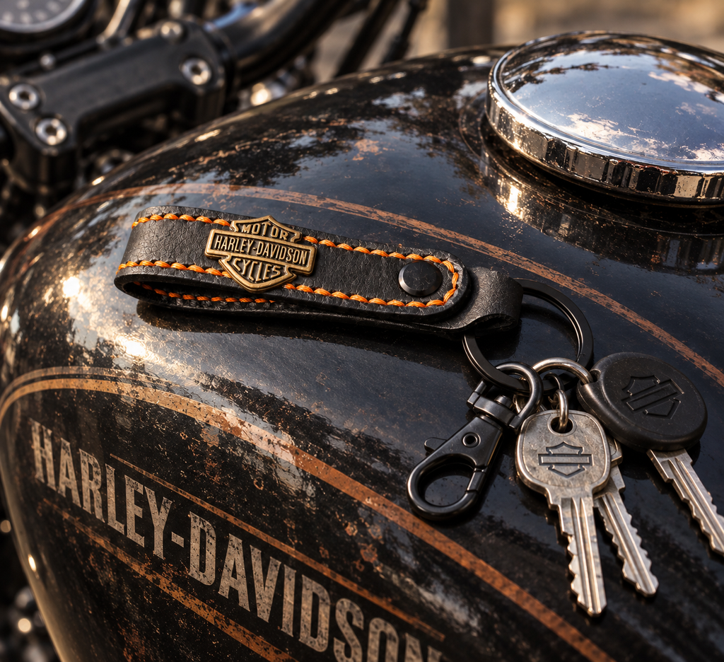 Handmade Leather Motorcycle Keyring – Biker Style Metal Badge Keychain