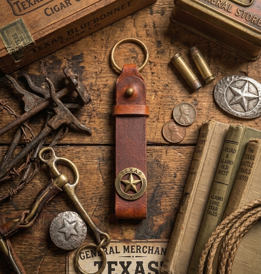 Leather Belt Keychain with Bronze Star Concho – Rustic Western Key Fob