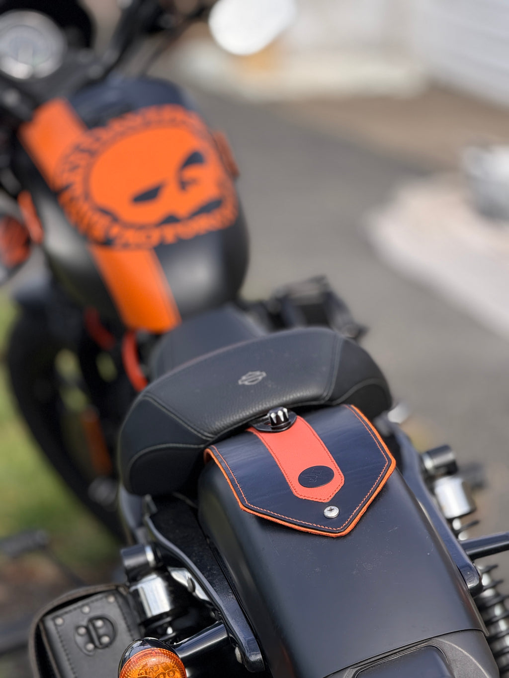 Leather Fender Bib for Harley XL883 | 3 Layer Heavy Duty | Black & Orange Saffiano