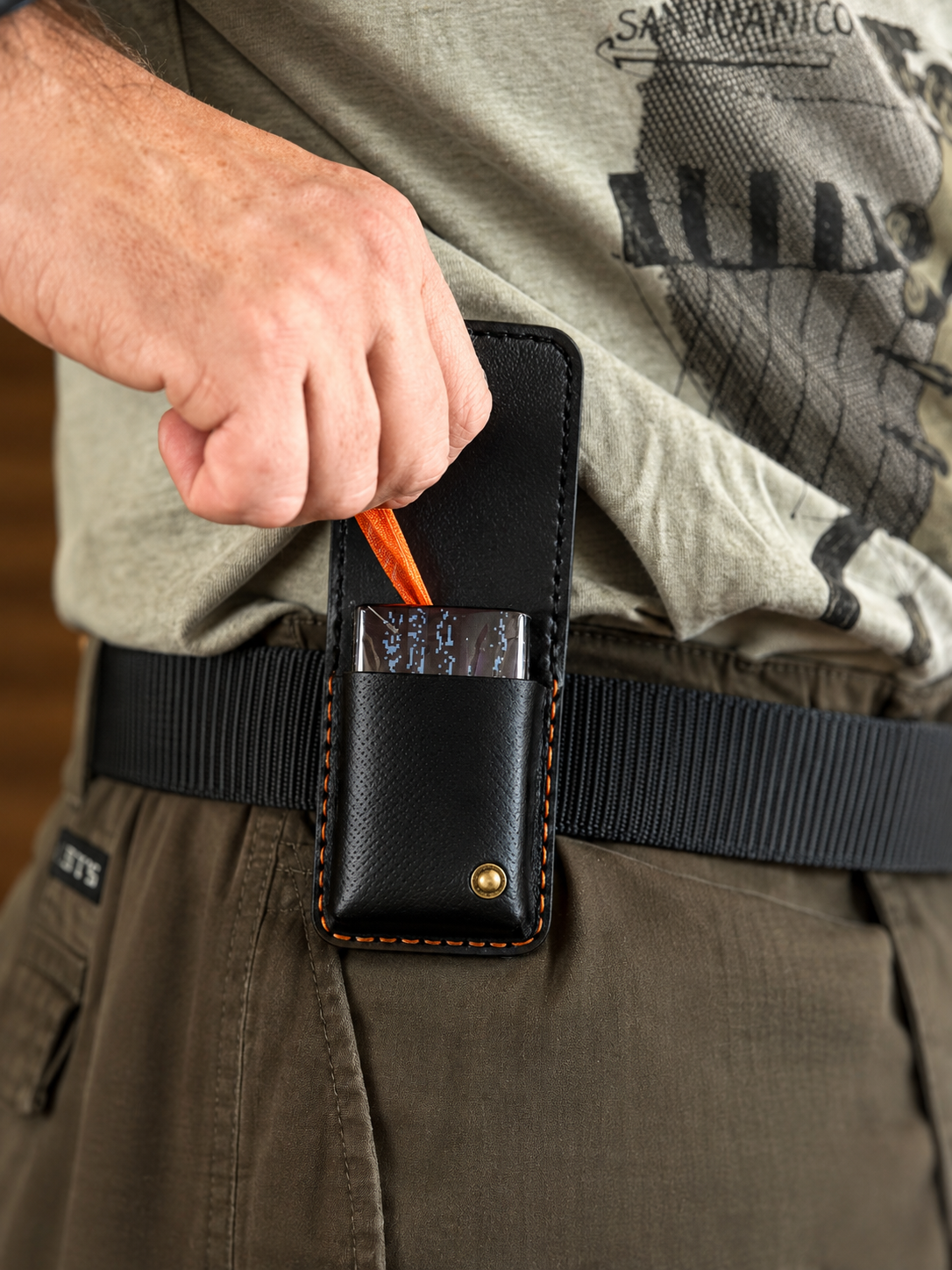 Leather Zippo Lighter Belt Holder – Handmade Italian Leather, Black & Orange