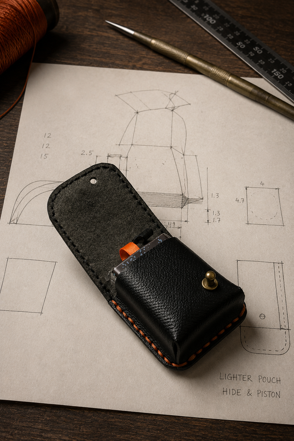 A black leather pocket case with orange contrast stitching and brass hardware, placed on a printed technical drawing sheet on a dark wooden surface. A pencil, ruler, and spool of thread are visible around it.