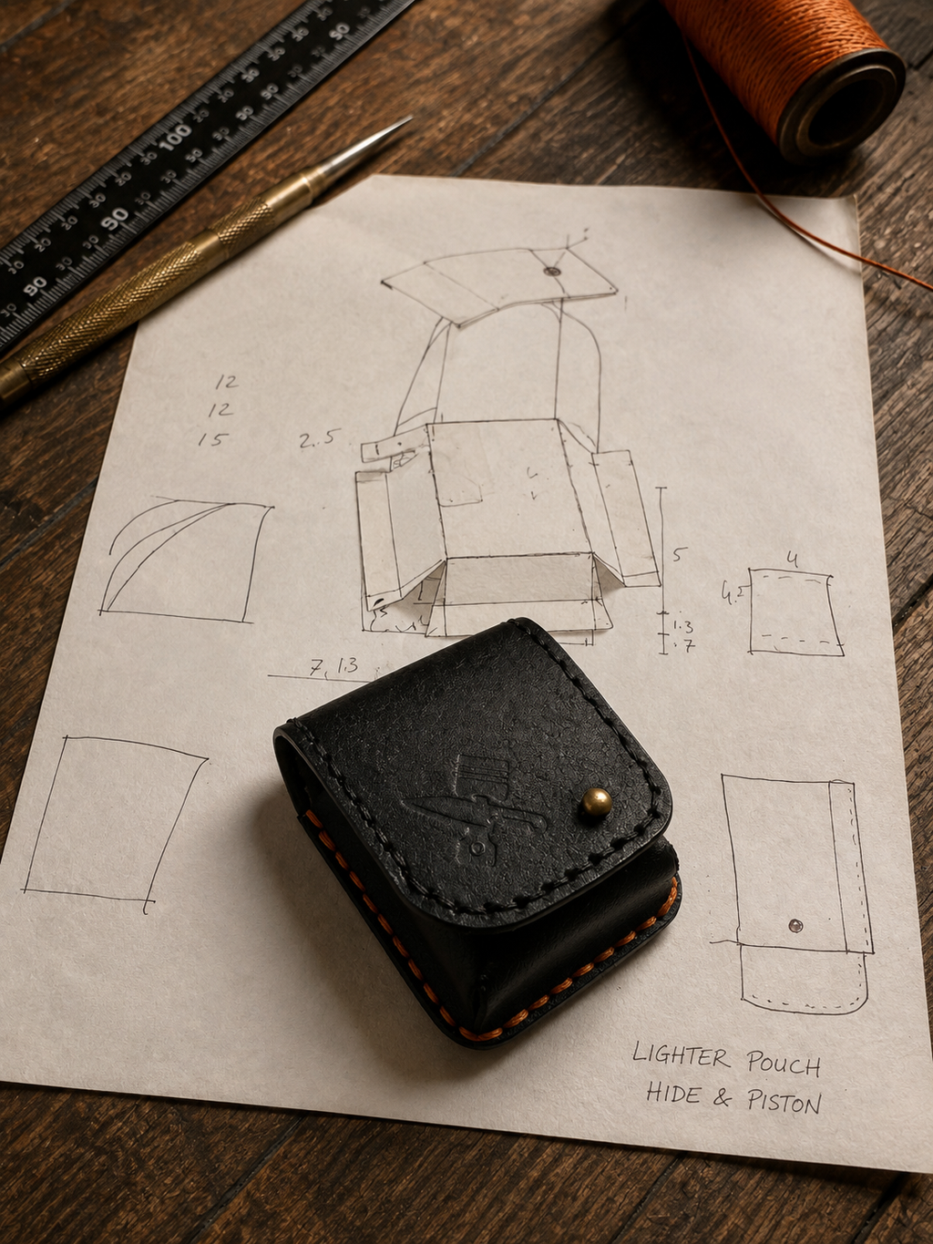 A small black leather lighter pouch with orange stitching and a brass snap, placed on a sheet of paper showing hand-drawn technical sketches. The scene includes a ruler, pen, thread spool, and wooden tabletop, suggesting a handmade or custom-made product presentation.