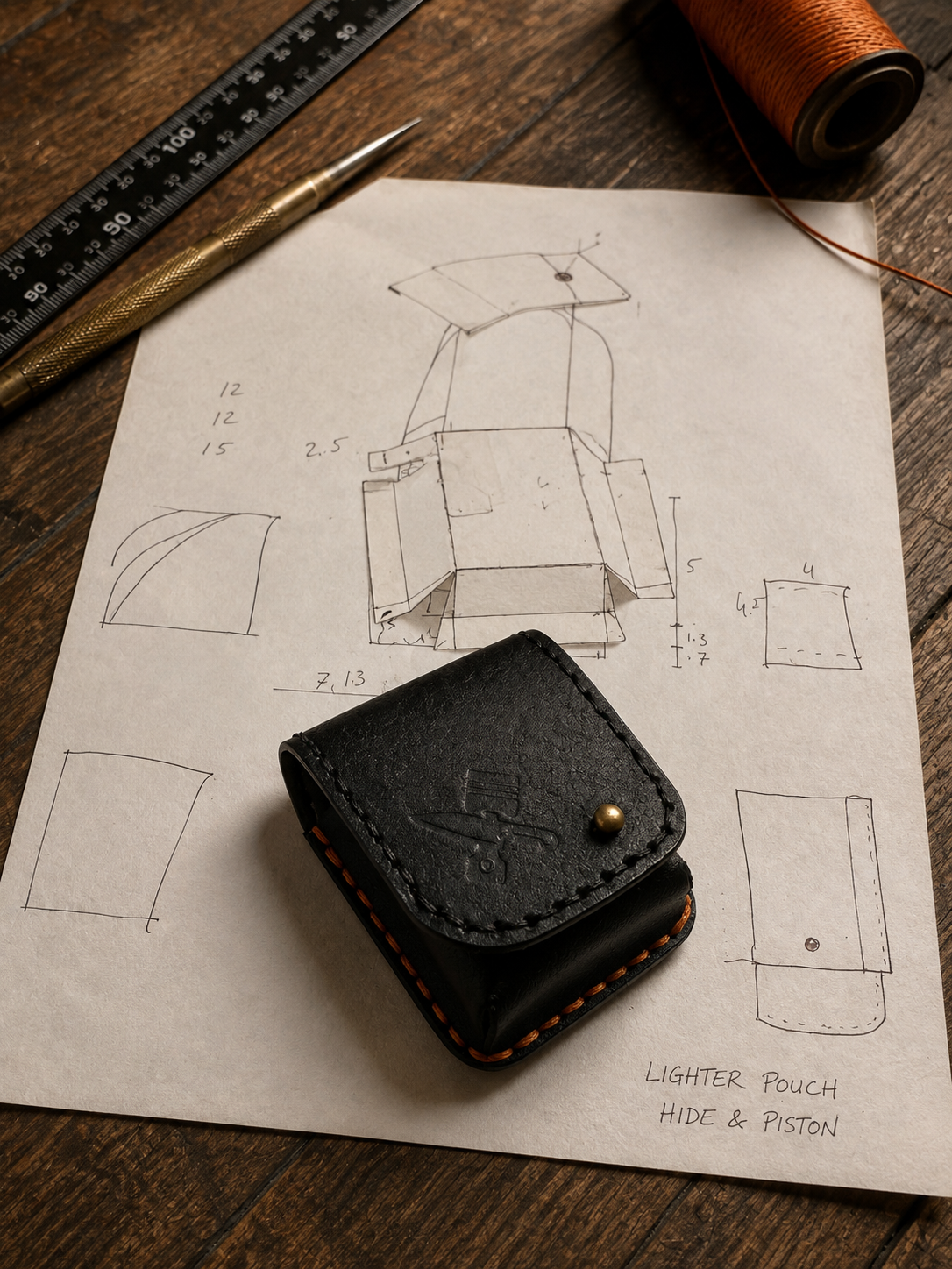 A small black leather lighter pouch with orange stitching and a brass snap, placed on a sheet of paper showing hand-drawn technical sketches. The scene includes a ruler, pen, thread spool, and wooden tabletop, suggesting a handmade or custom-made product presentation.