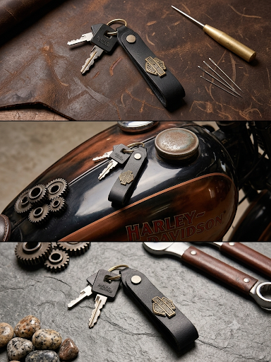 Biker Style Leather Keychain – Handmade Motorcycle Keyring with Metal Badge