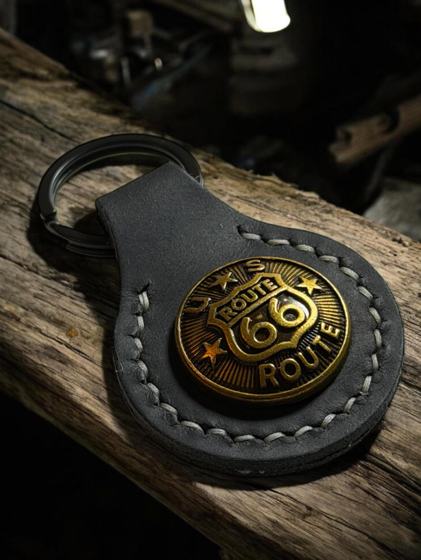 Route 66 Leather Keychain – Handmade Biker Key Fob, Full Grain Vintage American Style | UK Delivery £2.99 or Free Over £30