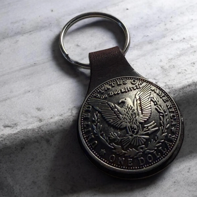 Handmade Leather Key Fob with Vintage Dollar Coin – Rustic Minimalist Biker Accessory | UK Delivery £2.99 or Free Over £30