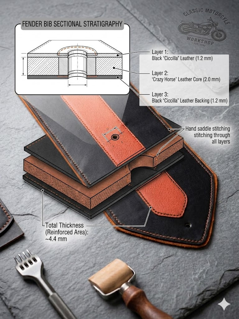 Leather Fender Bib for Harley XL883 | 3 Layer Heavy Duty | Black & Orange Saffiano
