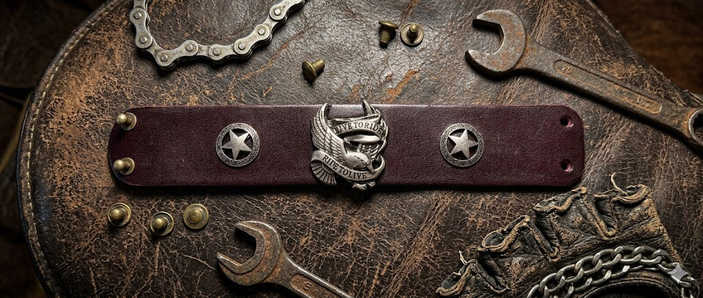 Handcrafted Leather Biker Cuff - Live To Ride, Ride To Live | UK Delivery £2.99 or Free Over £30