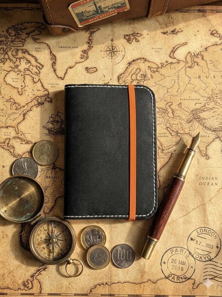 Handmade Leather Passport Holder – Minimalist Travel Wallet, Orange Suede Interior