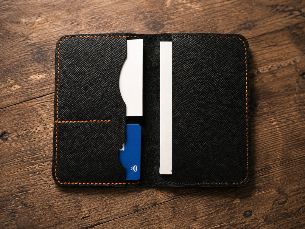 A black textured cardholder wallet with orange contrast stitching, shown open on a rustic wooden background. It contains two white card sleeves and a blue credit card.