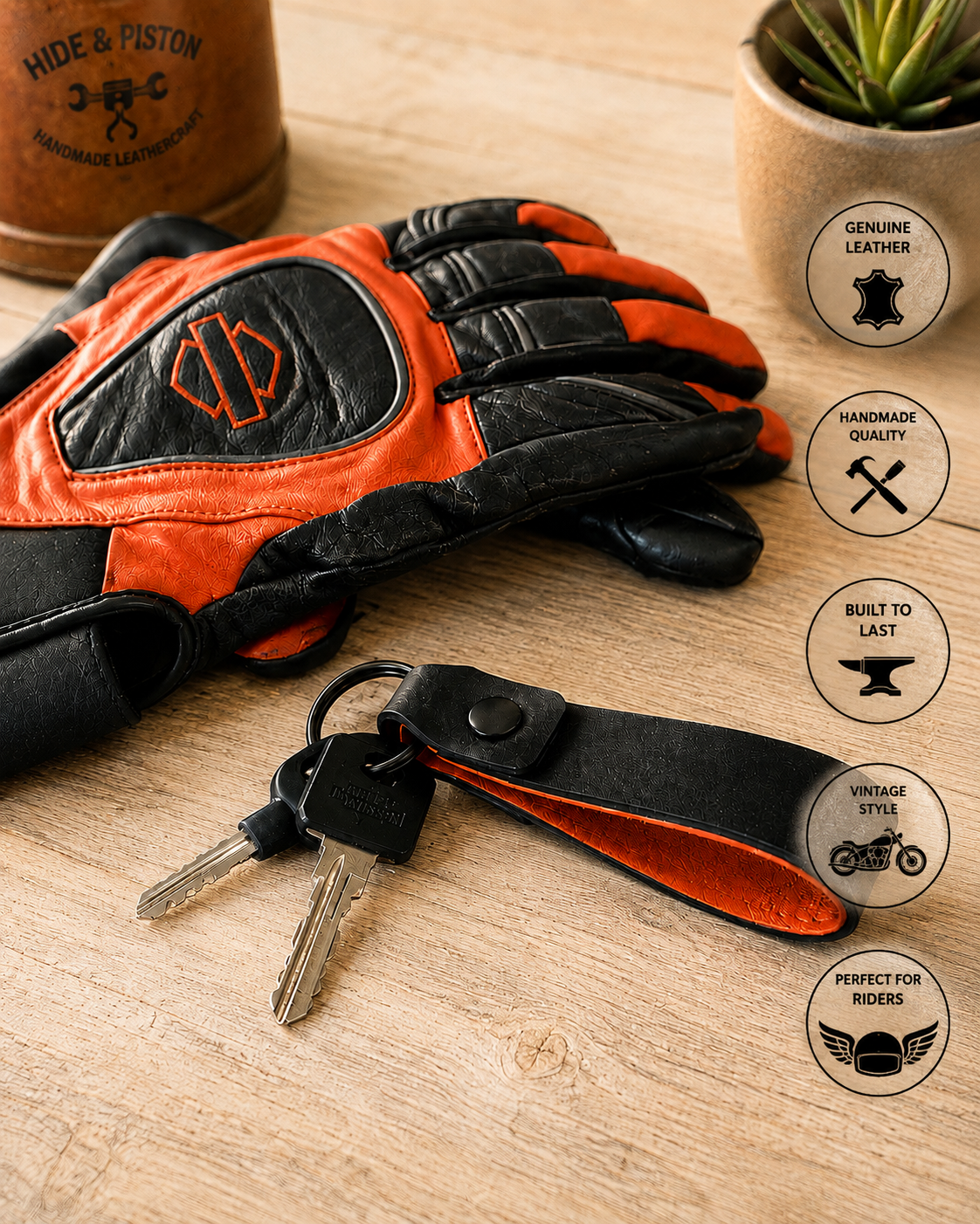 Handmade Leather Key Fob – Black & Orange