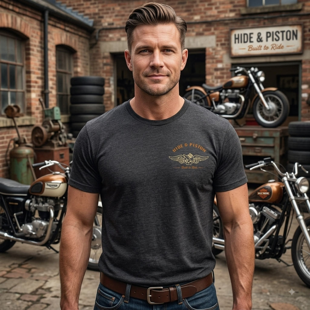 A man stands in front of a brick motorcycle shop wearing a dark charcoal gray t-shirt with a gold winged logo that reads 'HIDE & PISTON'. The background features classic motorcycles and a brick wall.