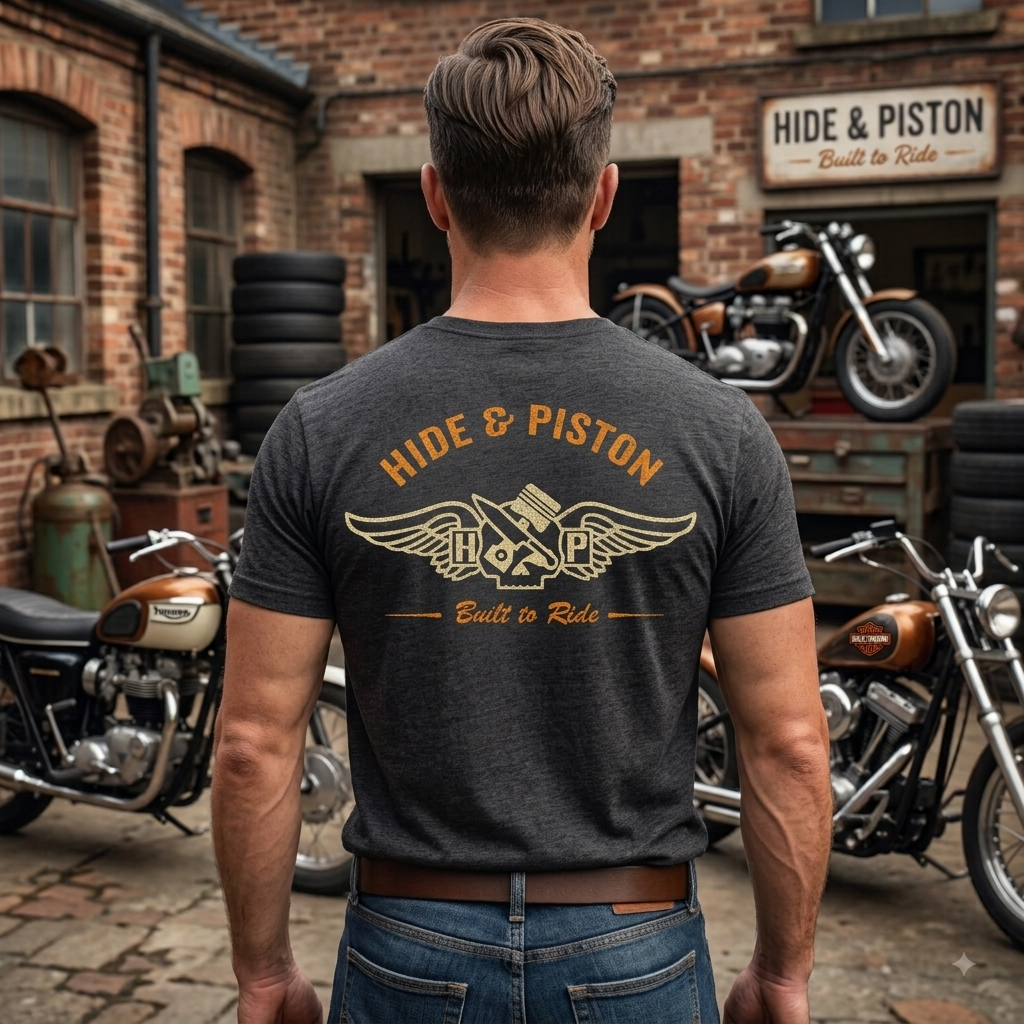 A man viewed from behind wearing a dark heather gray t-shirt with a gold graphic print on the back that reads 'HIDE & PISTON' and 'Built to Ride' with a motorcycle-themed emblem. He is standing in a brick garage with motorcycles in the background.