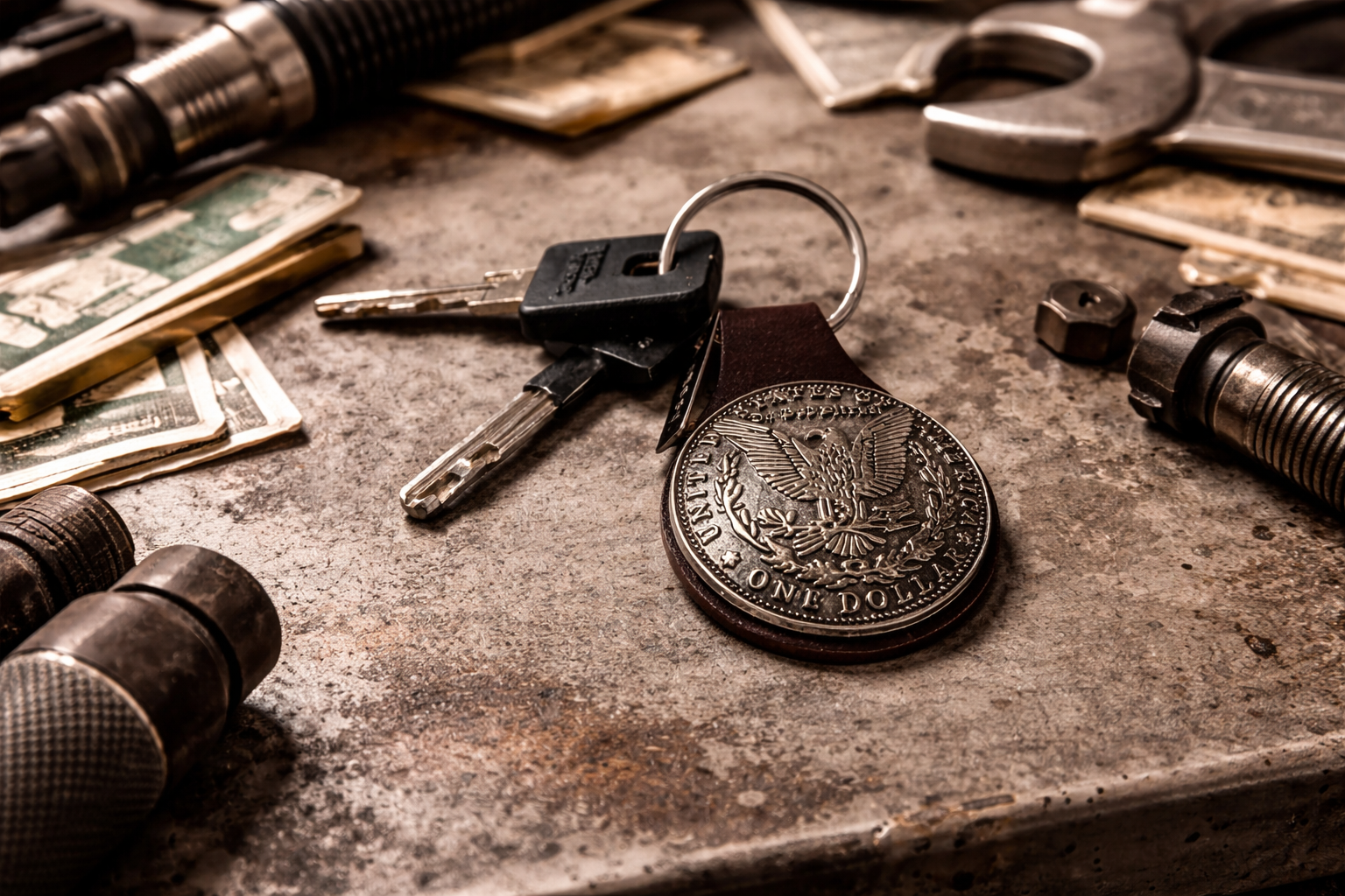 Handmade Leather Key Fob with Vintage Dollar Coin – Rustic Minimalist Biker Accessory | UK Delivery £2.99 or Free Over £30