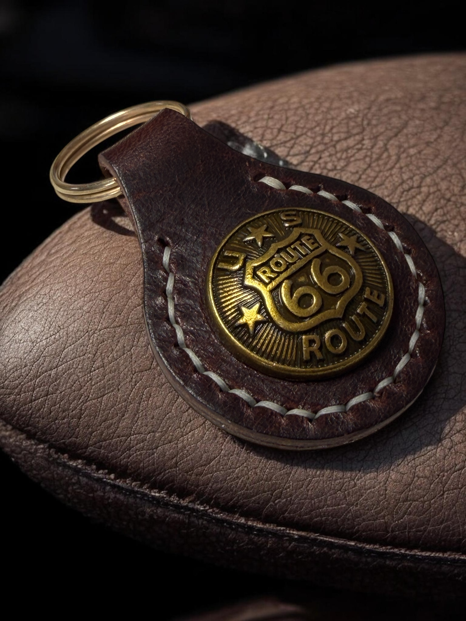 Route 66 Leather Keychain – Handmade Biker Key Fob, Full Grain Vintage American Style | UK Delivery £2.99 or Free Over £30