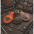 Handmade Full Grain Leather Biker Keychain – Motorcycle Keyring Metal Badge