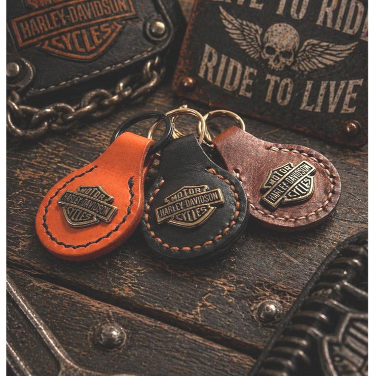 Handmade Full Grain Leather Biker Keychain – Motorcycle Keyring Metal Badge
