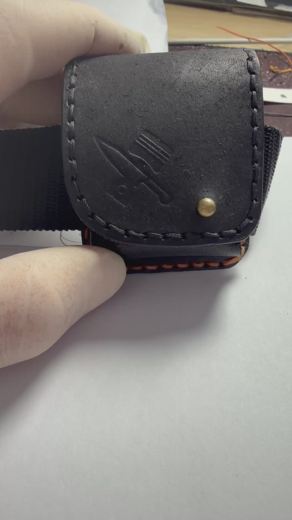 Leather Zippo Lighter Belt Holder – Handmade Italian Leather, Black & Orange